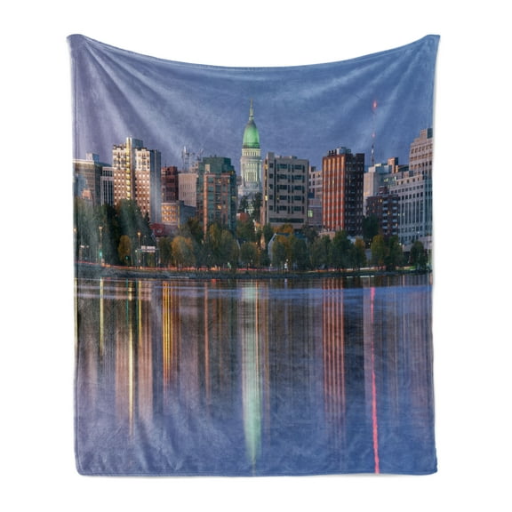Wisconsin Soft Flannel Fleece Throw Blanket, Panoramic Photo of Madison with Landmarks at Twilight Reflections on Lake, Cozy Plush for Indoor and Outdoor Use, 50" x 70", Multicolor, by Ambesonne