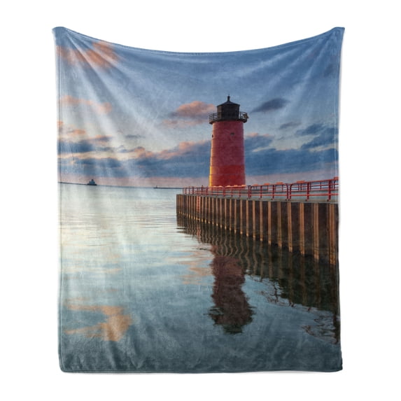Wisconsin Soft Flannel Fleece Throw Blanket, Photo of Milwaukee Lighthouse at Sunrise Calm Water and Sky, Cozy Plush for Indoor and Outdoor Use, 70" x 90", Multicolor, by Ambesonne