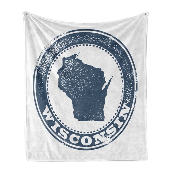 Wisconsin Soft Flannel Fleece Throw Blanket, Retro Grunge Stamp Design Political Map Silhouette and Name Badger State, Cozy Plush for Indoor and Outdoor Use, 70" x 90", Slate Blue White, by Ambesonne