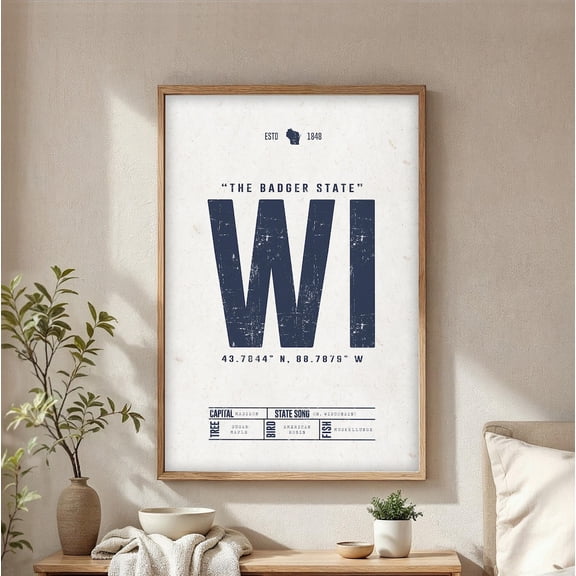Wisconsin State Art Print Badger State Map Initials And Facts