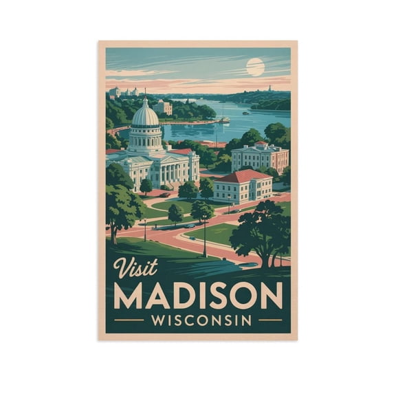 Wisconsin State Capitol Classic Poster Retro Madison Cityscape with Lakeside Views Canvas Poster