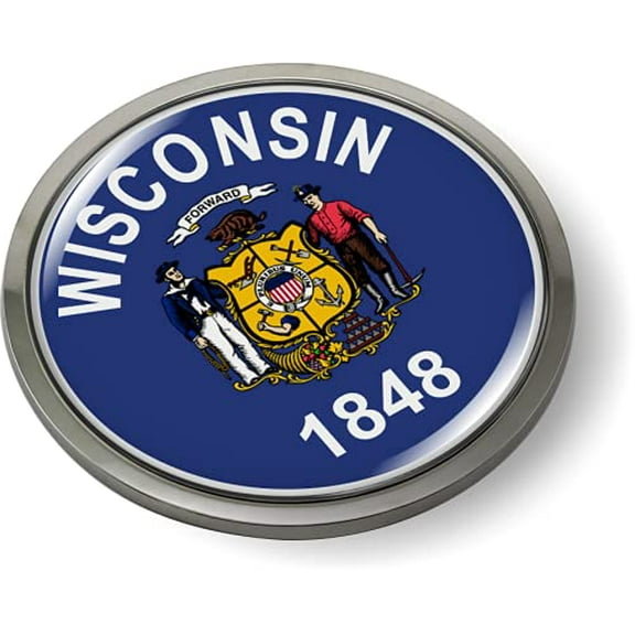 Wisconsin State Flag 3D Domed CAR Emblem Badge Sticker Chrome Metal Round Bezel