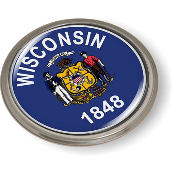 BestLicensePlateFrames Wisconsin State Flag 3D Domed CAR Emblem Badge Sticker Semi-Flexible Aluminum Round Bezel