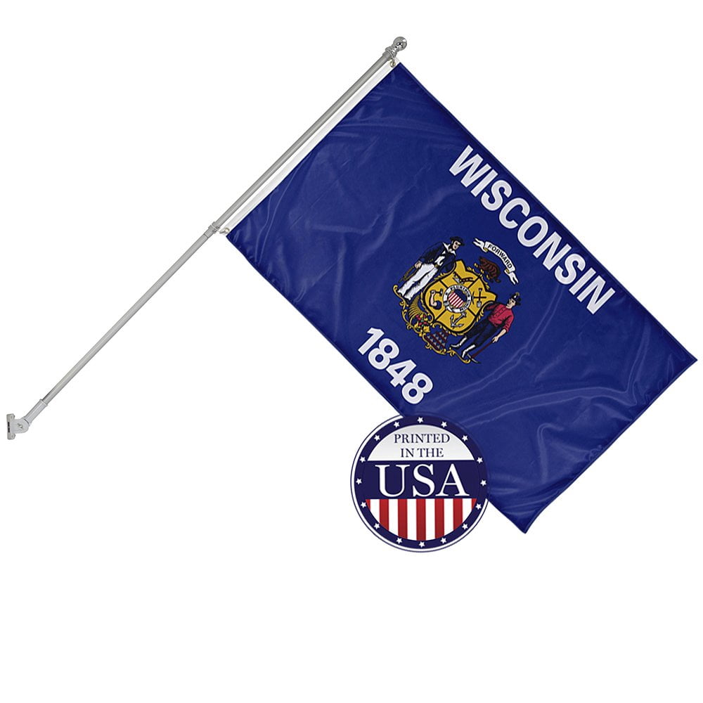 Wisconsin State Flag and 6ft Flagpole with Wall Mounting Bracket - 3ft ...