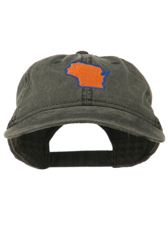 Wisconsin State Map Embroidered Washed Cotton Cap - Black OSFM