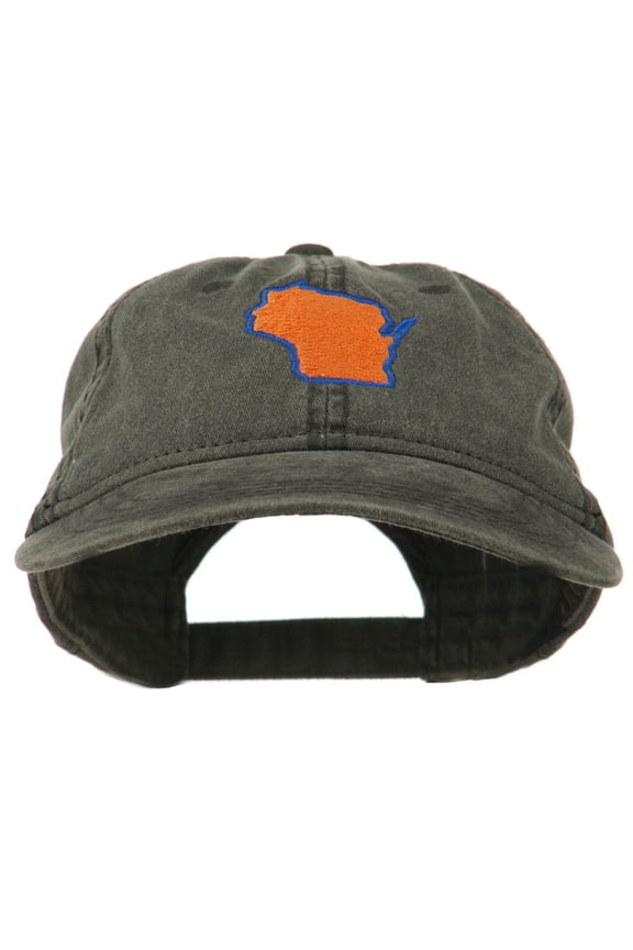 Wisconsin State Map Embroidered Washed Cotton Cap - Black OSFM