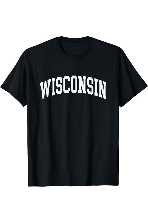 Wisconsin State Retro Varsity Style T-Shirt Vintage Collegiate Arched Text Graphic Tee for Men and Women Unisex Black