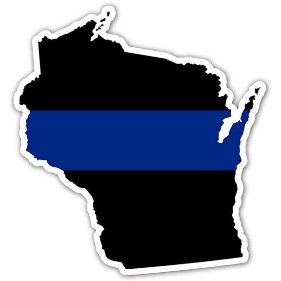 Wisconsin State Shape Police The Thin Blue Line Ribbon - Law Enforcement Family, Supporter, Personnel Bumper Sticker Decal 4x4 in