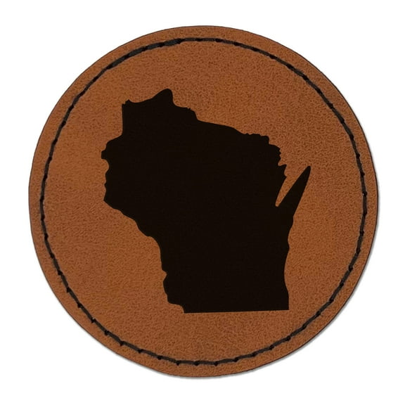 Wisconsin State Silhouette 2.5" Faux Leather Round Engraved Iron-On Patch - Brown