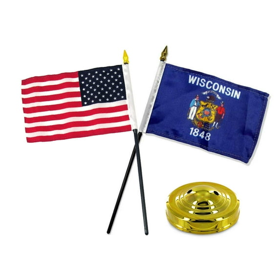 Wisconsin State w/ USA America American Flag 4"x6" Desk Set Table Gold Base