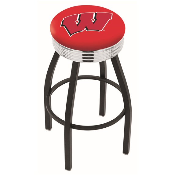 Wisconsin Badgers 30" Alternate Black Wrinkle Swivel Bar Stool with Chrome Ribbed Ring