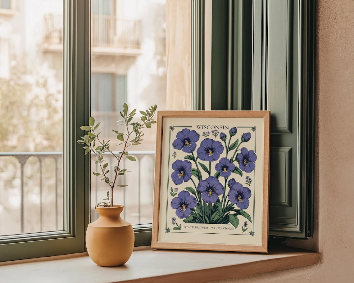 Wisconsin Wood Violet Wall Art Print, Botanical State Flower Decor ...
