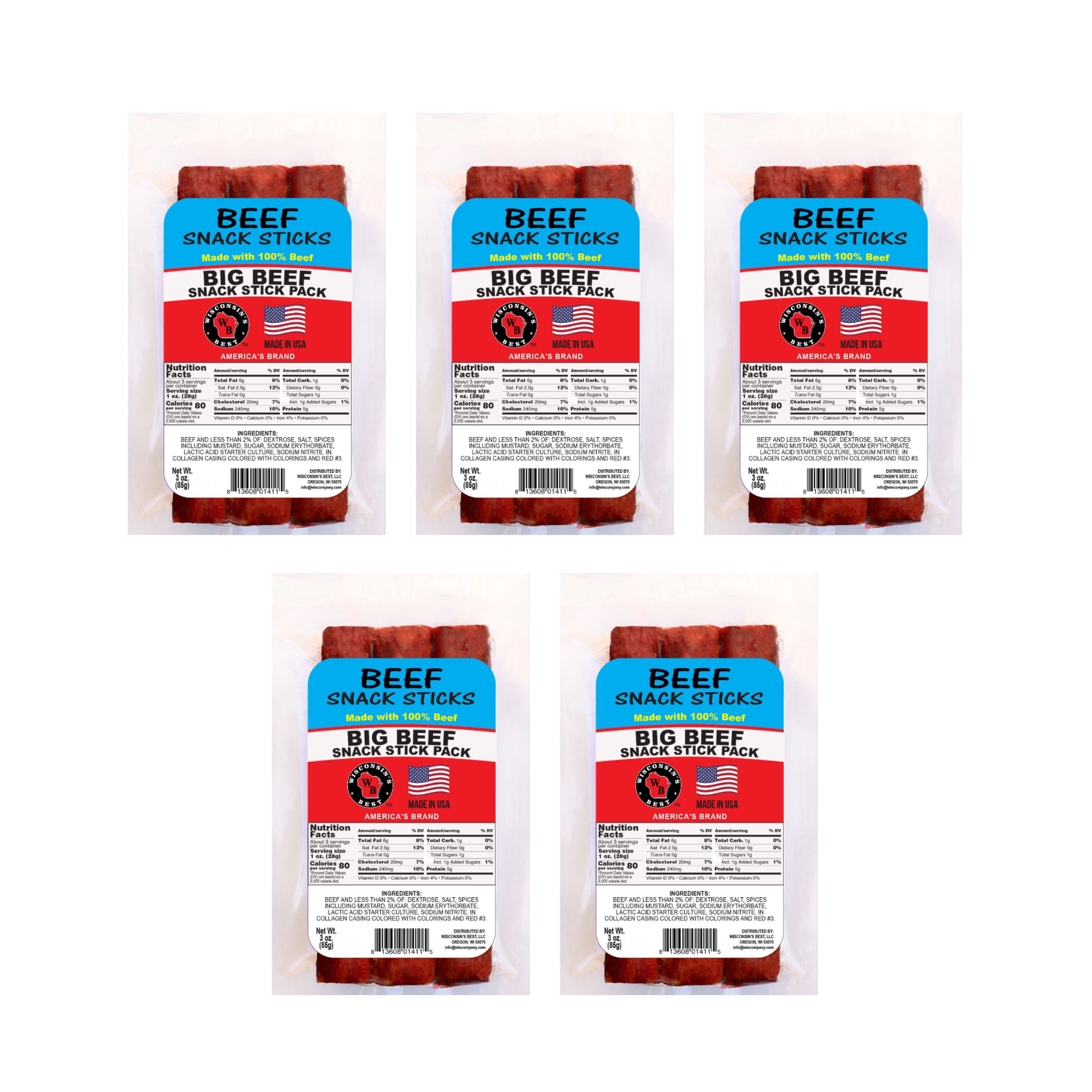 Wisconsin’s Best 100% Beef Snack Sticks, Mild Naturally Smoked, 3 oz (5 Pack) – High Protein, Keto Friendly Snack