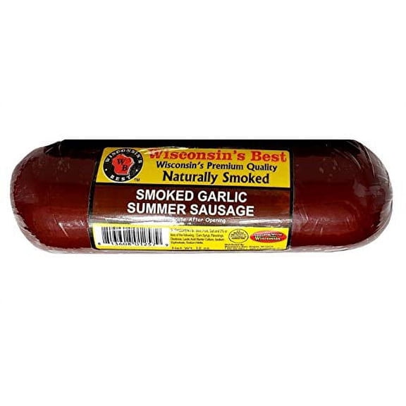 Wisconsin's Best Smoked Garlic Summer Sausage Shelf Stable, 12 oz, 1 ct, Low in Carbs, Low in Sugars, Keto Friendly, High Protein Snack, Perfect with Crackers