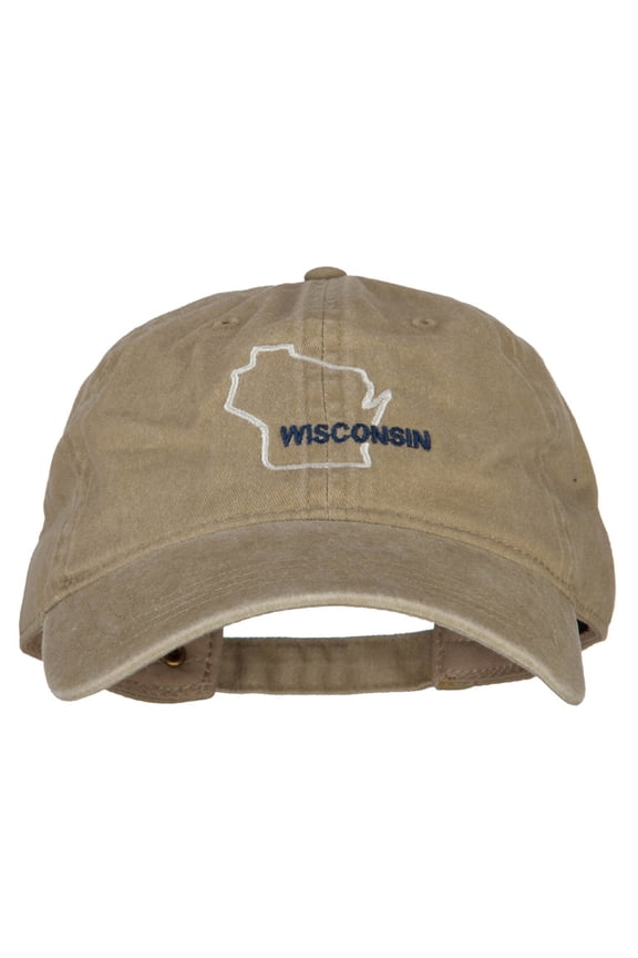 Wisconsin with Map Outline Embroidered Washed Cotton Twill Cap - Khaki OSFM