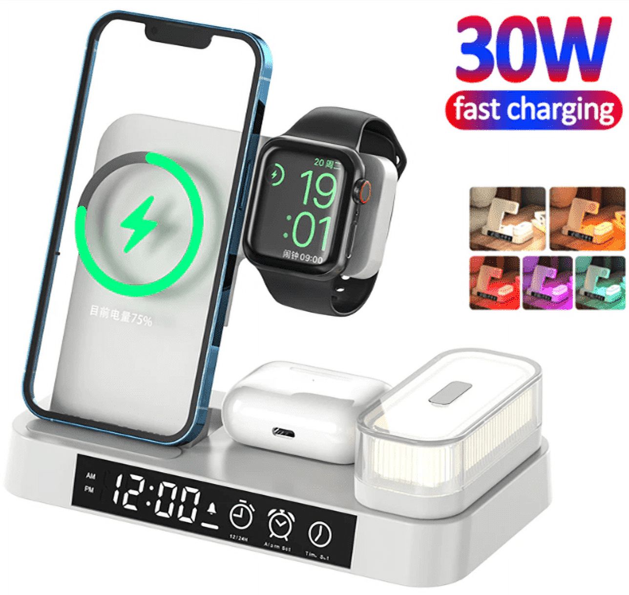 Wisdom 30W Wireless Charger Stand With RGB Light Alarm Clock For iPhone
