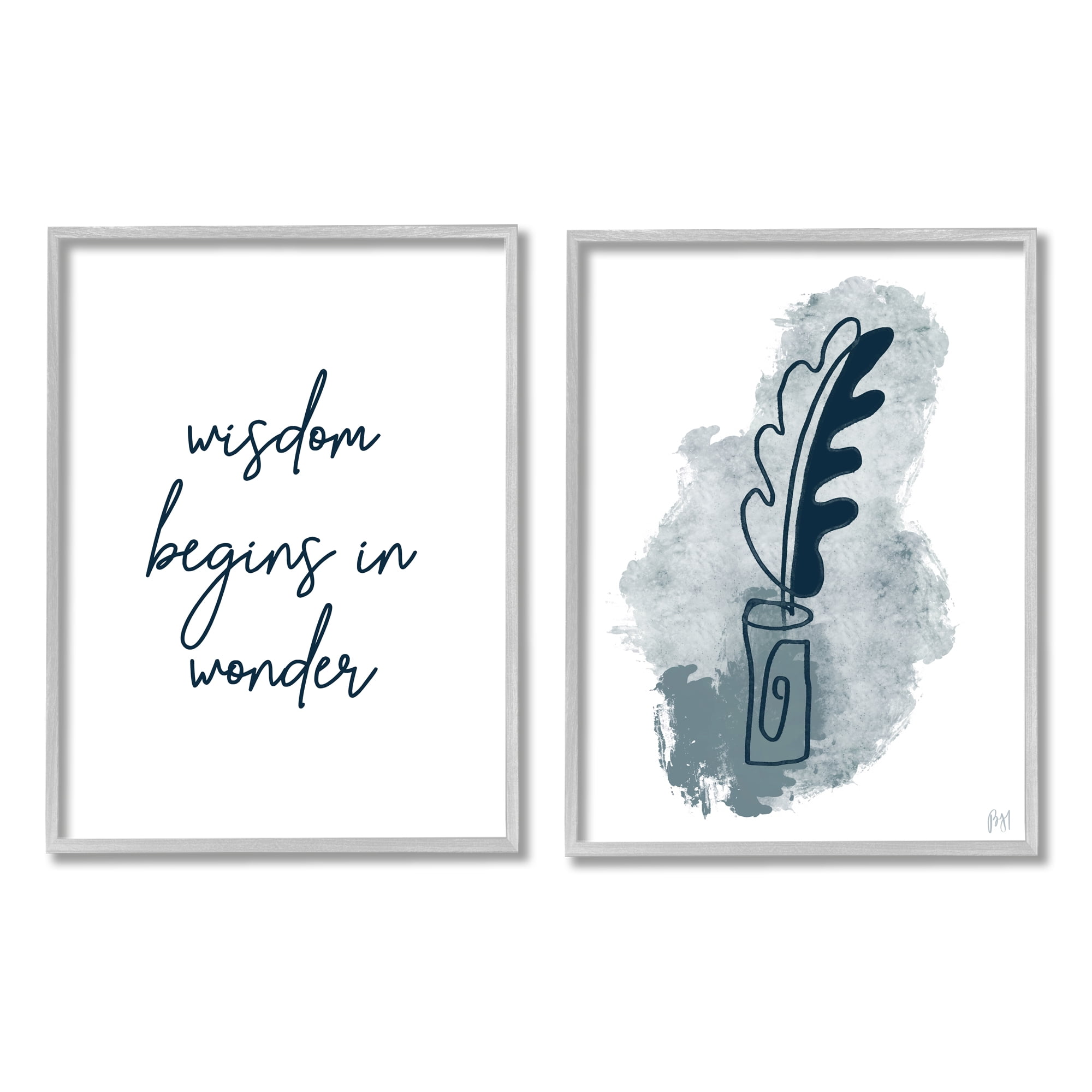 Wisdom Begins in Wonder Abstract Blue Ink Quill 16 in x 20 in Framed Painting Art Prints, by Stupell Home Décor Set of 2