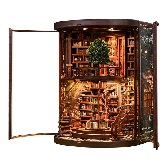 Wisdom Bookstand Cottage Kit, 3D Wooden Puzzles for Adults, DIY Miniature House Kit for Adults, Booknook with LED Light, Gifts for Family, Friends and Book Lovers, Bookshelf Decor(Wisdom Rings)