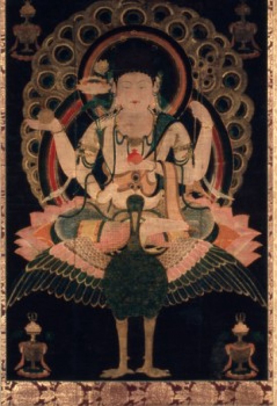 Wisdom King Mahamayur Kujaku Myoo circa 12th century silk embroidery Japan Tokyo National Museum Canvas Art - (18 x 24)