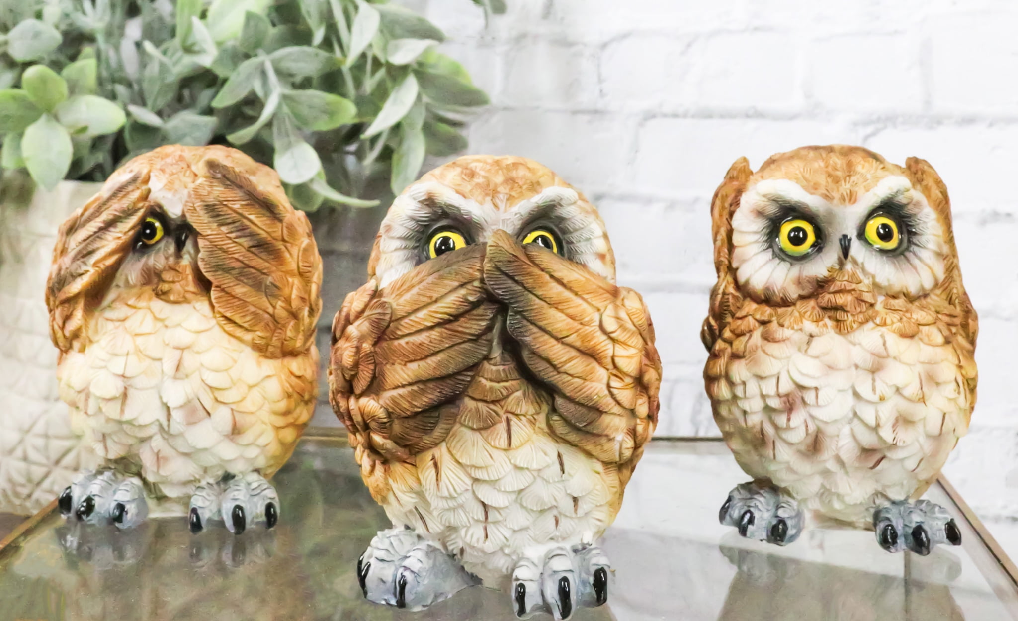 Whimsical Brown and Beige Polyresin Owl Figurine Set