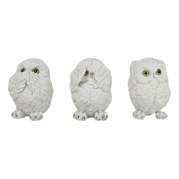 Wisdom Of The Forest See Hear Speak No Evil White Snowy Owls Mini Figurines Set