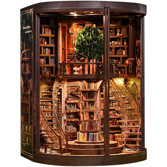 Wisdom Rings Book Repository DIY Book Nook Kit for Adults, 3D Wooden Puzzle Miniature Library Bookshelf Insert Bookend Decor with LED Light, Touch Switch, Gift for Avid Readers