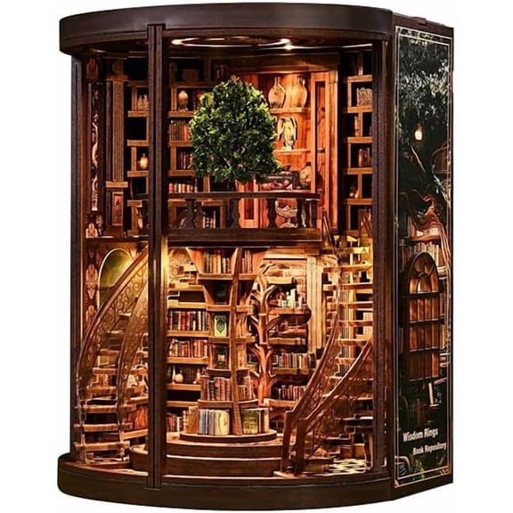 Wisdom Rings Book Repository DIY Book Nook Kit for Adults - Wooden Bookshelf 3D Book Nook Miniature Kit with LED Lights, Puzzle Library Decor for Book Lovers, Dust Proof Display, Unique Gift