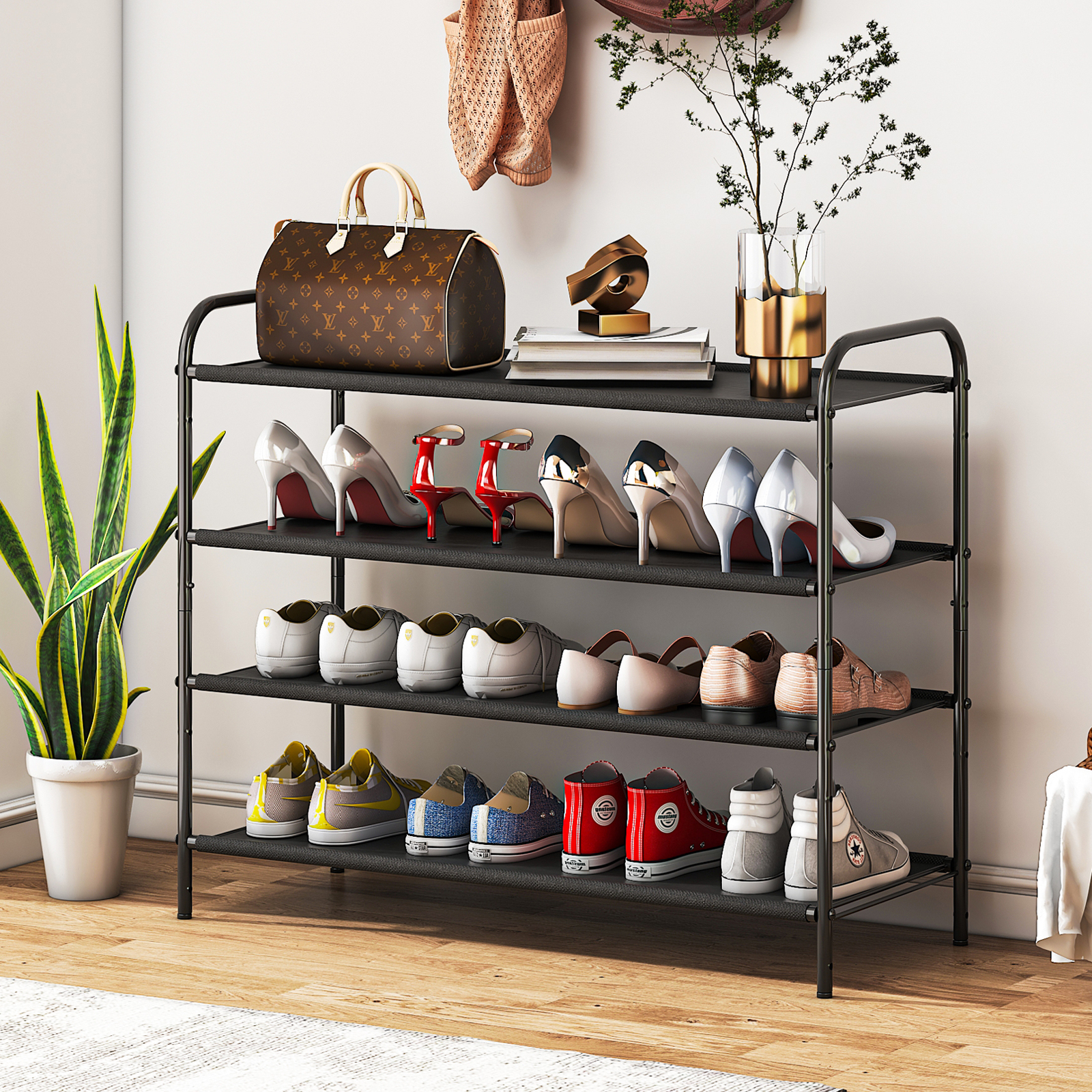 Mainstays 4 Tier 24 Pair Shoe Rack Storage Organizer, Rich Black