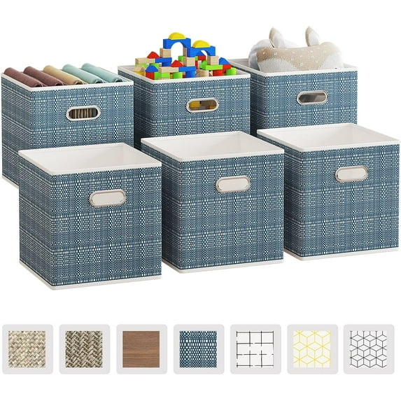 Wisdom Star 6 Pack Fabric Storage Cubes with Oval Grommets, Foldable 11 Inch Cube Storage Bins, Storage Baskets for Shelves, Storage Boxes for Organizing Closet Bins, Blue