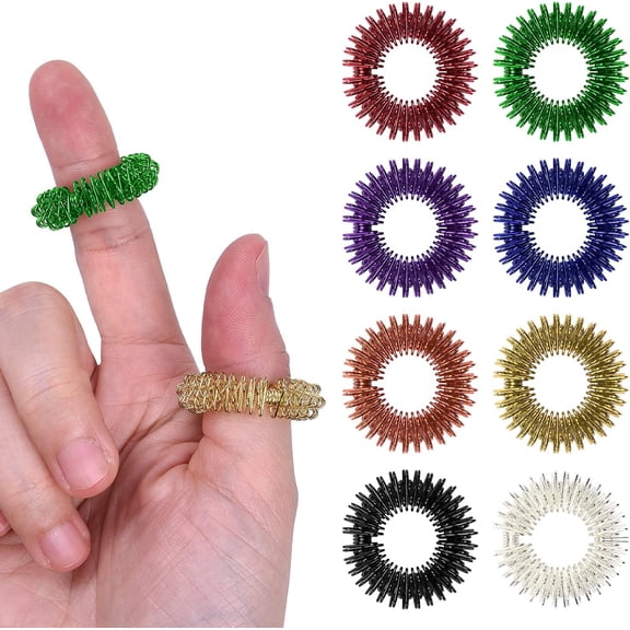 Wisdompro 16 Pcs Spiky Sensory Finger Rings, Metal Acupressure Rings, Silent Anxiety and Stress Relief Fidget Ring Set for Men, Women, Adults - 8 Colours