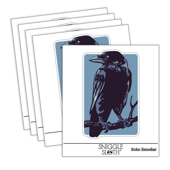 Wise Black Raven Crow Perched on Branch Car Window Bumper Water Bottle Phone Tablet Laptop Waterproof Vinyl Decal Sticker Set 5-Pack - Gloss Finish - 2.0"