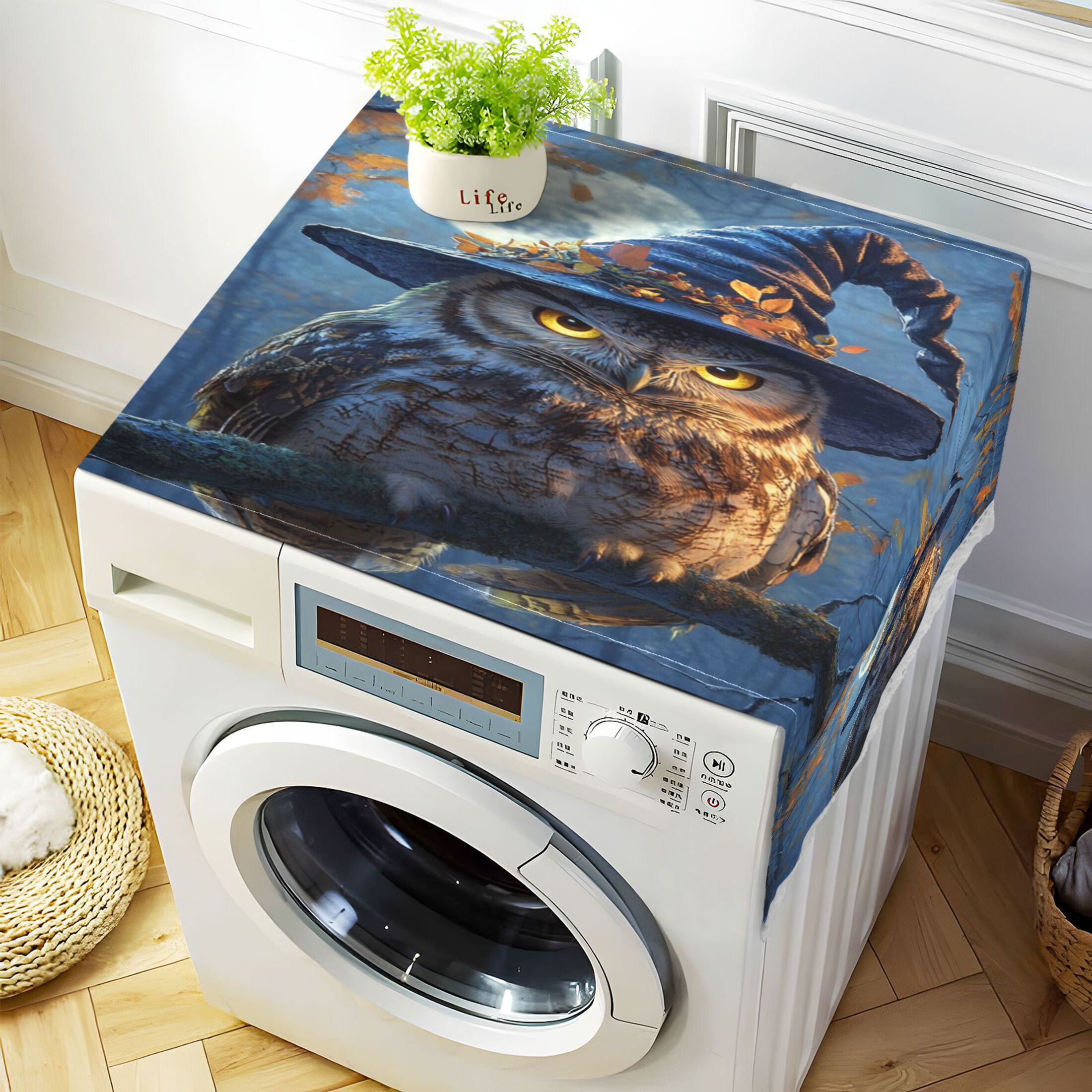 A Wise Old OwlWasher and Dryer Covers Dust-Proof and Oil Resistant Fridge Cover with 4 Storage Pockets Washing Machine Top Cover for Laundry Kitchen Home 51.2 x 22 In