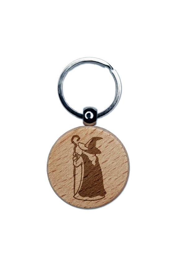 Wise Old Wizard Back Looking Away Mage Sorcerer Round Keychain Charm Tag - Engraved Wood