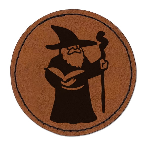 Wise Old Wizard With Staff Fantasy Book Round Iron-On Engraved Faux Leather Patch Applique - 2.5 Inch - Brown