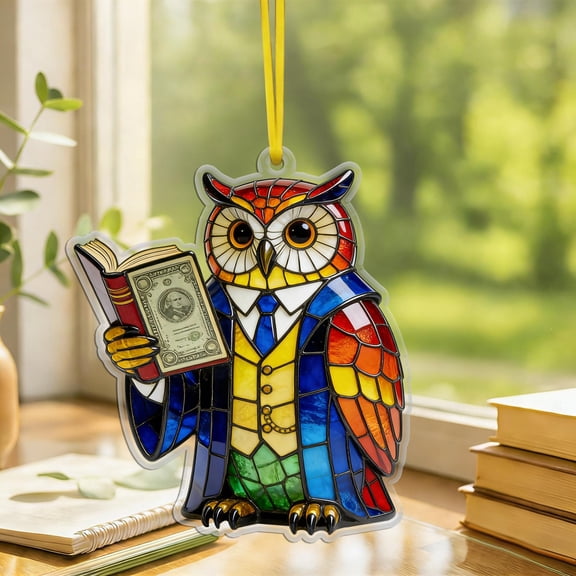 Wise Owl 2D Flat Acrylic Suncatcher Colorful Window Hanging Home Decor Academic Financial Theme