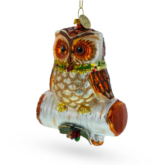 Wise Owl on Branch Glass Christmas Ornament