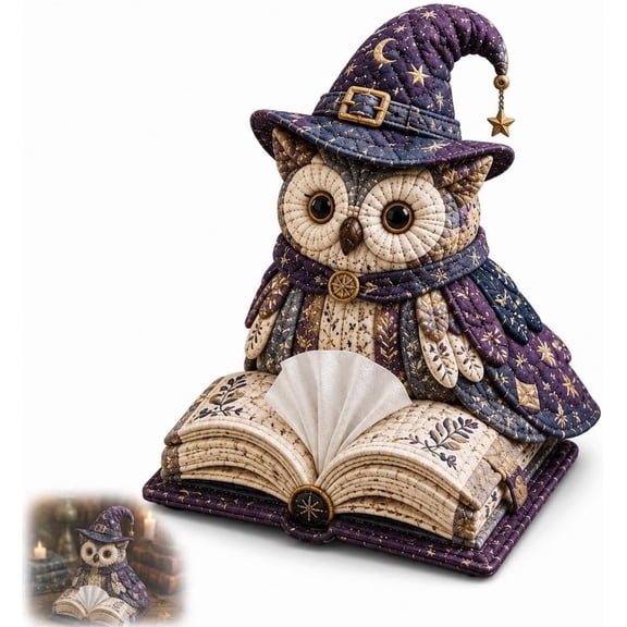 Wise Owl Quilted Tissue Box DIY Sewing Kit, Cute Holder Cover, Patchwork Fabric Animal, Handmade Craft Kit for Adults, Creative Home Decor Gift, Fun Animal, Patchwork Kit, Fabric(Spell Book Owl)