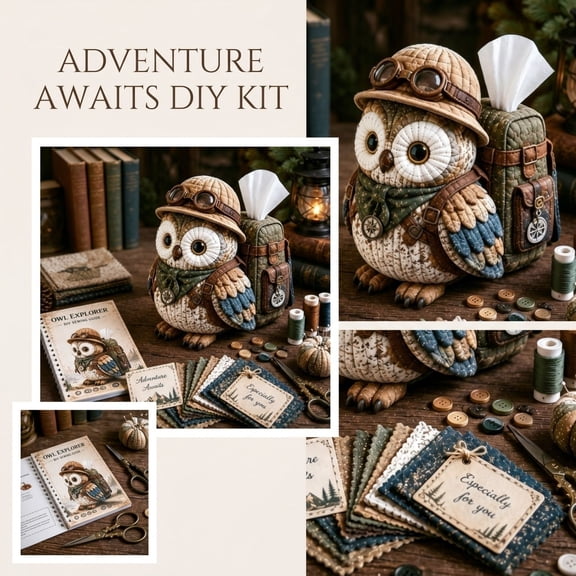 Wise Owl Quilted Tissue Box DIY Sewing Kit, Cute Holder Cover, Patchwork Fabric Animal, Handmade Craft Kit for Adults, Creative Home Decor Gift, Fun Animal, Patchwork Kit, Fabric