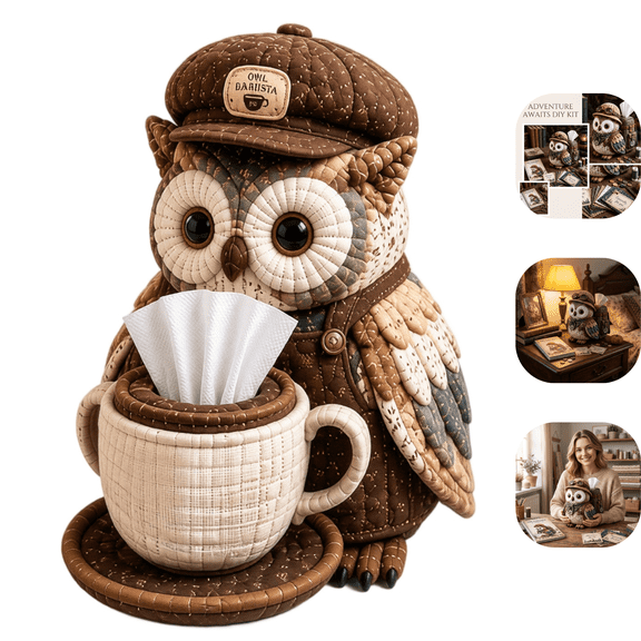 Wise Owl Quilted Tissue Box DIY Sewing Kit, Cute Holder Cover, Patchwork Fabric Animal, Handmade Craft Kit for Adults, Creative Home Decor Gift, Fun Animal, Patchwork Kit, Fabric A