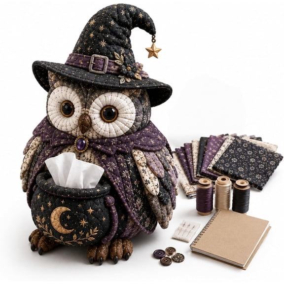 Wise Owl Quilted Tissue Box DIY Sewing Kit, Halloween DIY Patchwork Animal Kit, Handmade Quilted Owls Tissue Box, Book Lover Gifts for Women, Cottagecore & Fantasy Themed Room (#C)