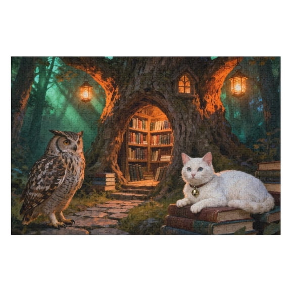 Jigsaw Puzzle 500 Pieces for Adults, Wise Owl and White Cat Mysterious Tree House, Colorful DIY Craft, Challenging Family Activity, Home Decor Gifts, 20.5x15 Inches