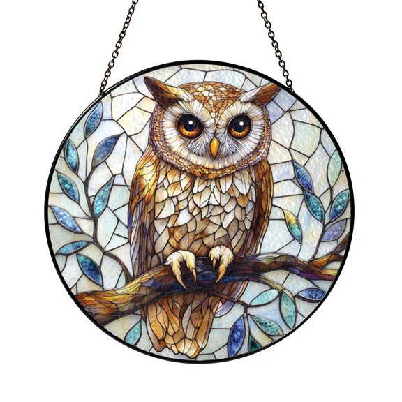 Wise Owl Window Sun Catcher, Bright Stained Glass Style Hanging Decor, Nature Gift