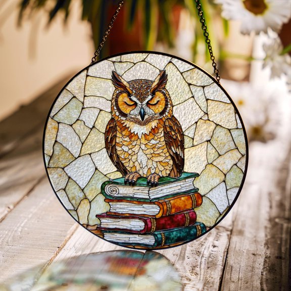 Wise Owl on Books Stained Glass Suncatcher, Inspiring Teacher Gift, Graduation Present for Book Lovers and Educators