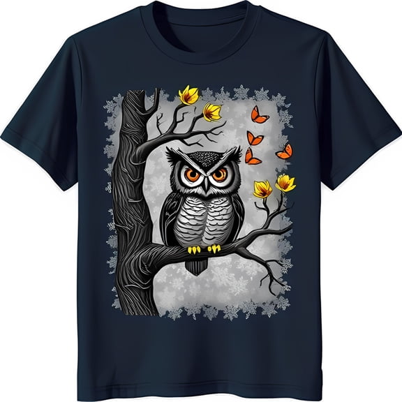 Wise Owl on Tree Branch Graphic T-Shirt with Colorful Butterflies & Flowers