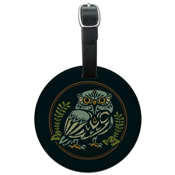 Wise White Tribal Owl Round Leather Luggage Card Suitcase Carry-On ID Tag