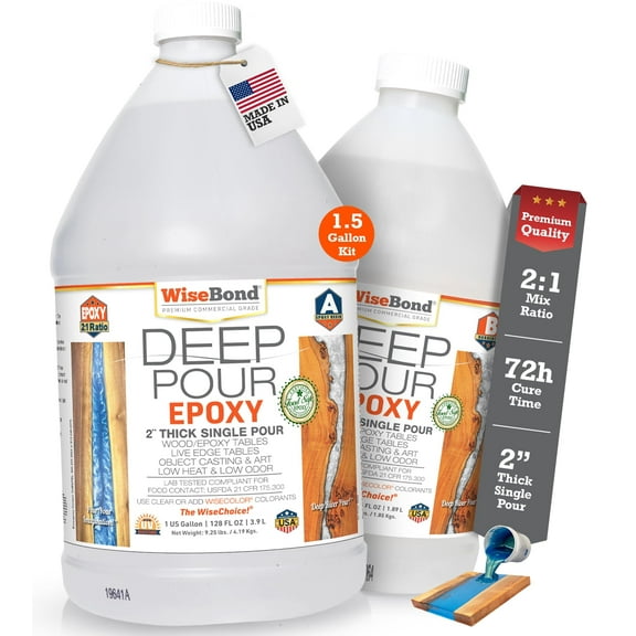 WiseBond Deep Pour Epoxy Resin 1.5 Gallon Kit, 2" Thick Object Casting, 2:1 Mix, Food Safe for River Table, Bubble Free, Clear High Gloss, Mold, Art, Wood, UV & Temp Resistance