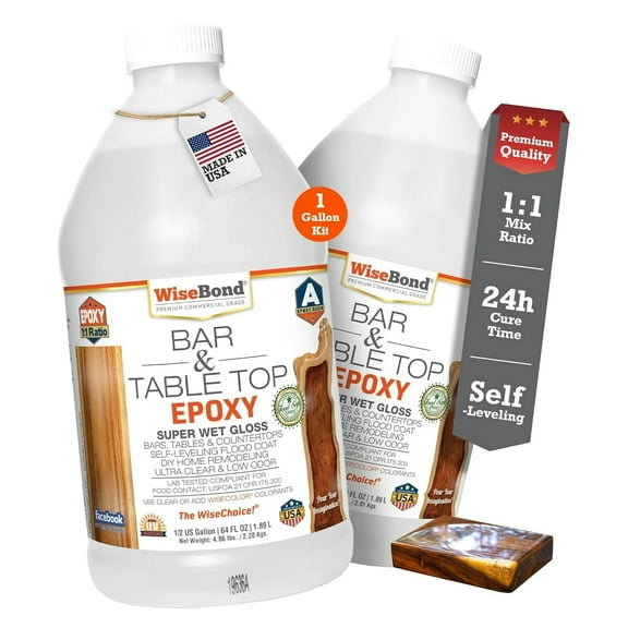 WiseBond Table Top Epoxy Resin 1 Gallon Kit, Food Safe Bubble Free, Anti-Yellow UV Resistant, Clear High Gloss, 2 Part 1:1 Mix Ratio, DYI Bar Tops, Countertop Surface Coating