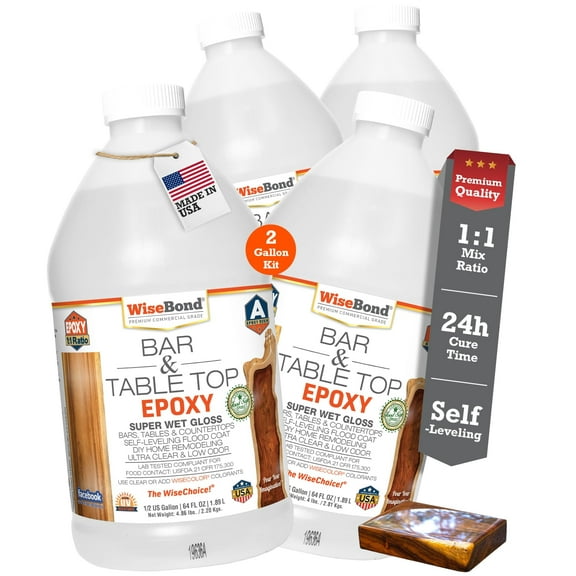 WiseBond Table Top Epoxy Resin 2 Gallon Kit, Food Safe Bubble Free, Anti-Yellow UV Resistant, Clear High Gloss, 2 Part 1:1 Mix Ratio, DYI Bar Tops, Countertop Surface Coating