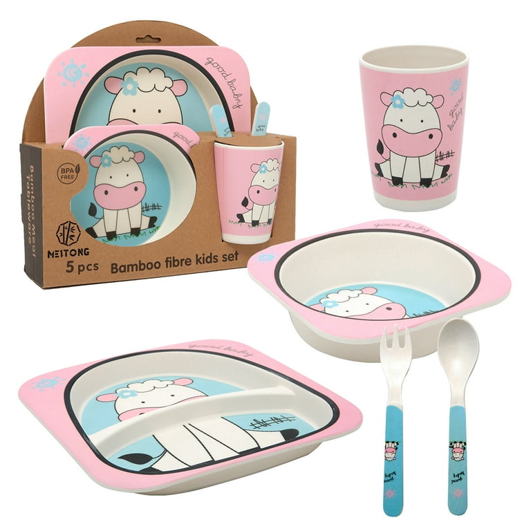 Wisewater 5 Piece Kids Dinnerware Set, Bamboo Fiber Kid Plates and Bowls Set, Baby Dishes Divided Toddler Plates for Child, Cartoon Pattern Design