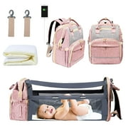 WiseWater Diaper Bag Backpack with Changing Station, USB Charging Port, Waterproof Mommy Bag with Crib Changing Bed, Portable Travel Bassinets for Baby, Foldable, Pink